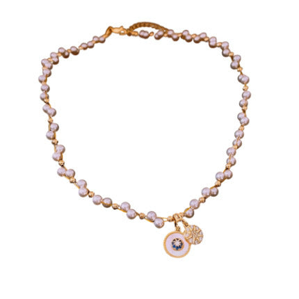 Real Gold Electroplated Zircon Pearl Round Pendant Necklace Light Luxury Clavicle Chain