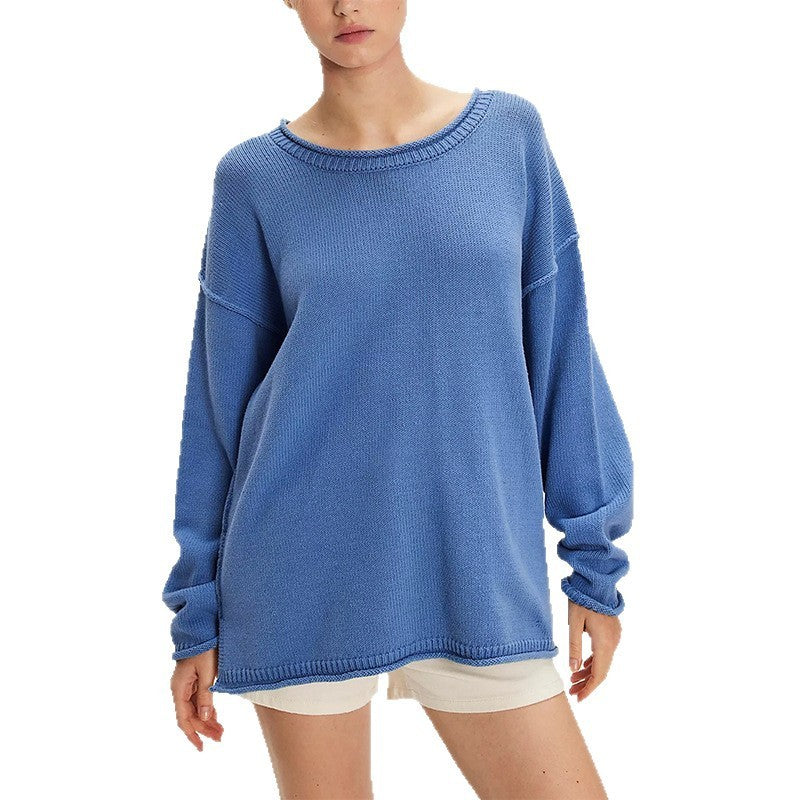 Solid Color Round Neck Loose Versatile Basic Pullover Sweater