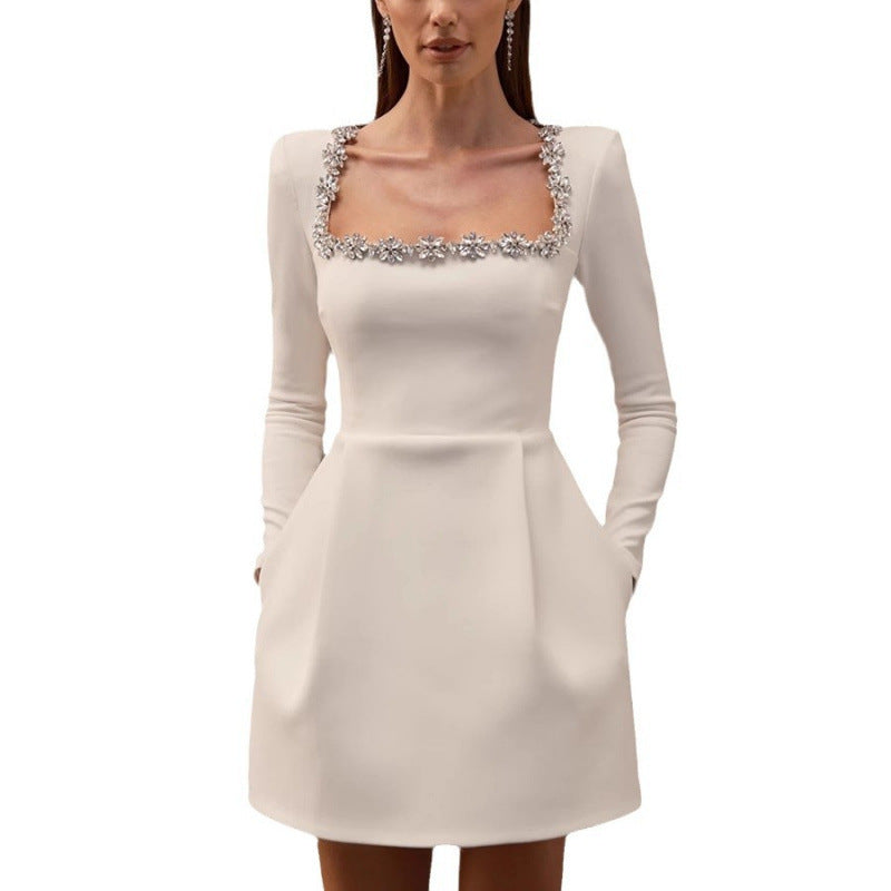 Women's Square Collar Diamond Inlaid Short Velvet Dress