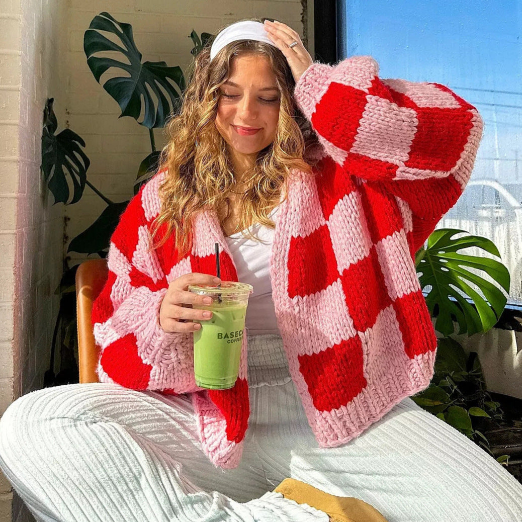 Loose Plaid Contrast Color Thick Needle Cardigan Sweater Coat