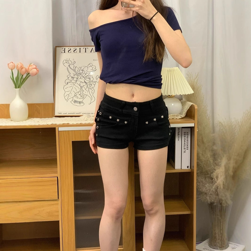 Hot Girl Black Y2g American Rivet Design Low Waist Denim Shorts Super Short Shorts