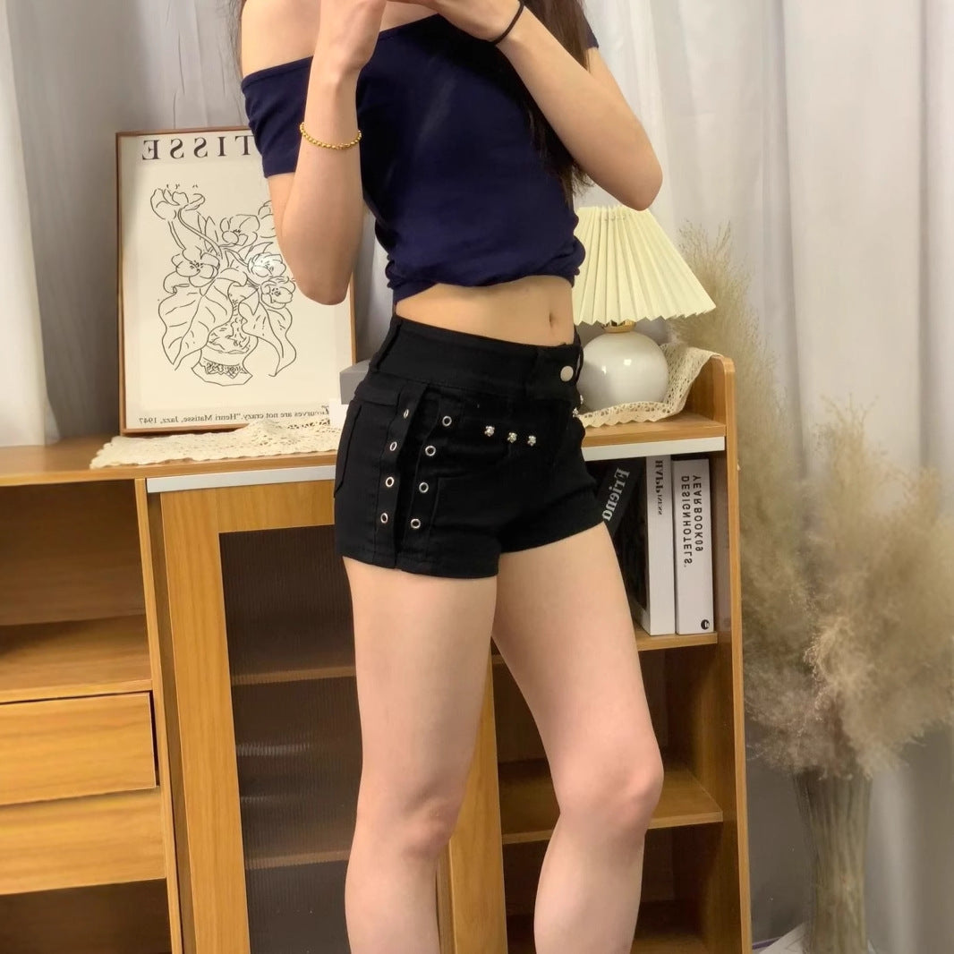 Hot Girl Black Y2g American Rivet Design Low Waist Denim Shorts Super Short Shorts