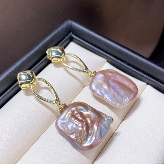 Colorful French Retro Natural Square Baroque Shaped Pearl Stud Earrings