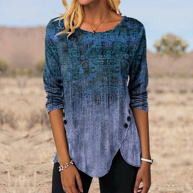 3D Digital Retro Printed Button Irregular Hem Round Neck Long Sleeve