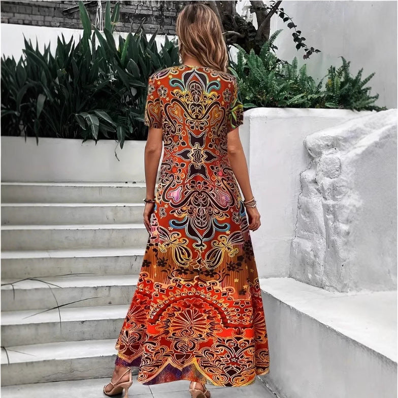 Bohemian Ethnic Style Collar Short Sleeve Women's Long Dress
