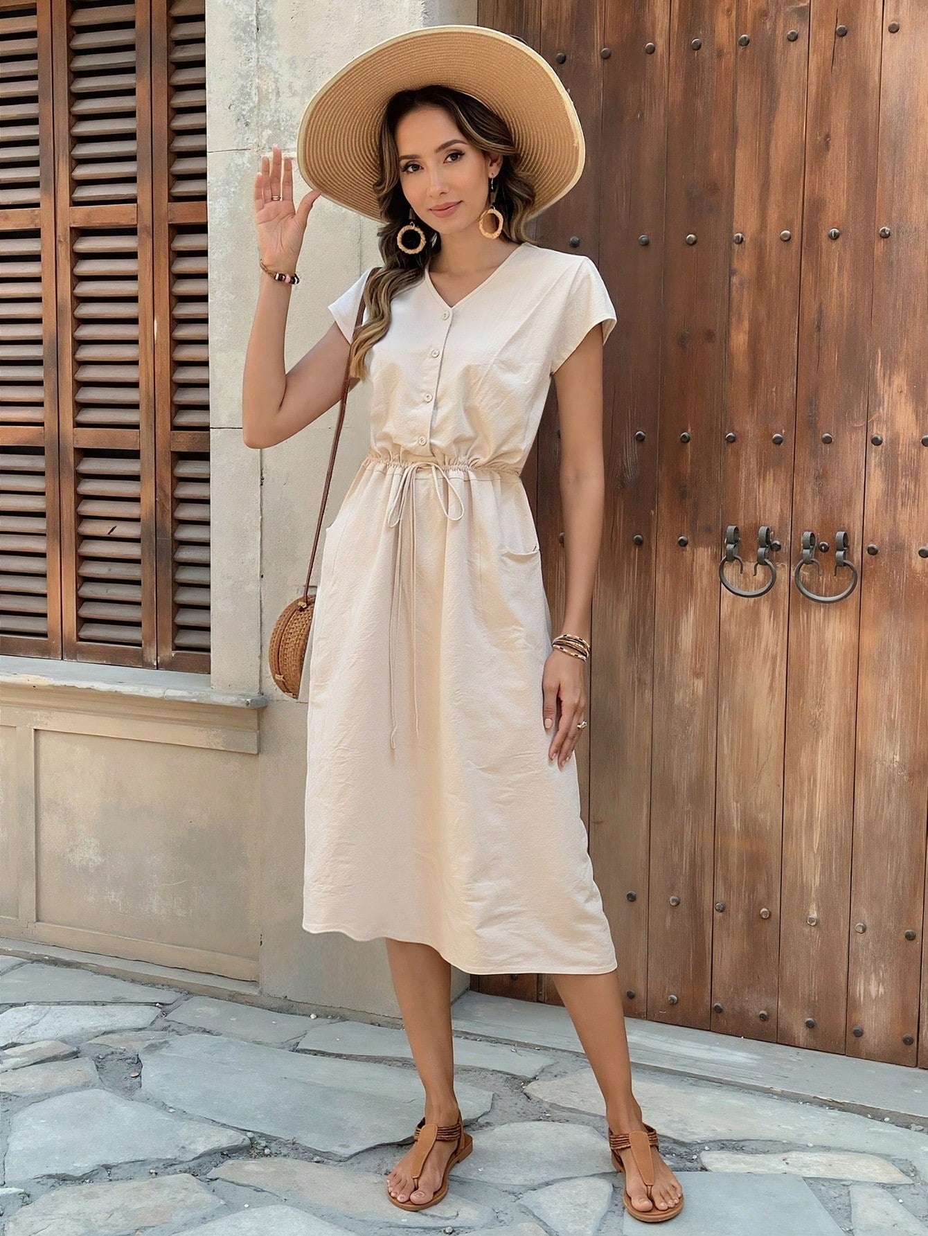 Women's Casual Solid Color Drawstring Mid Waist Dress