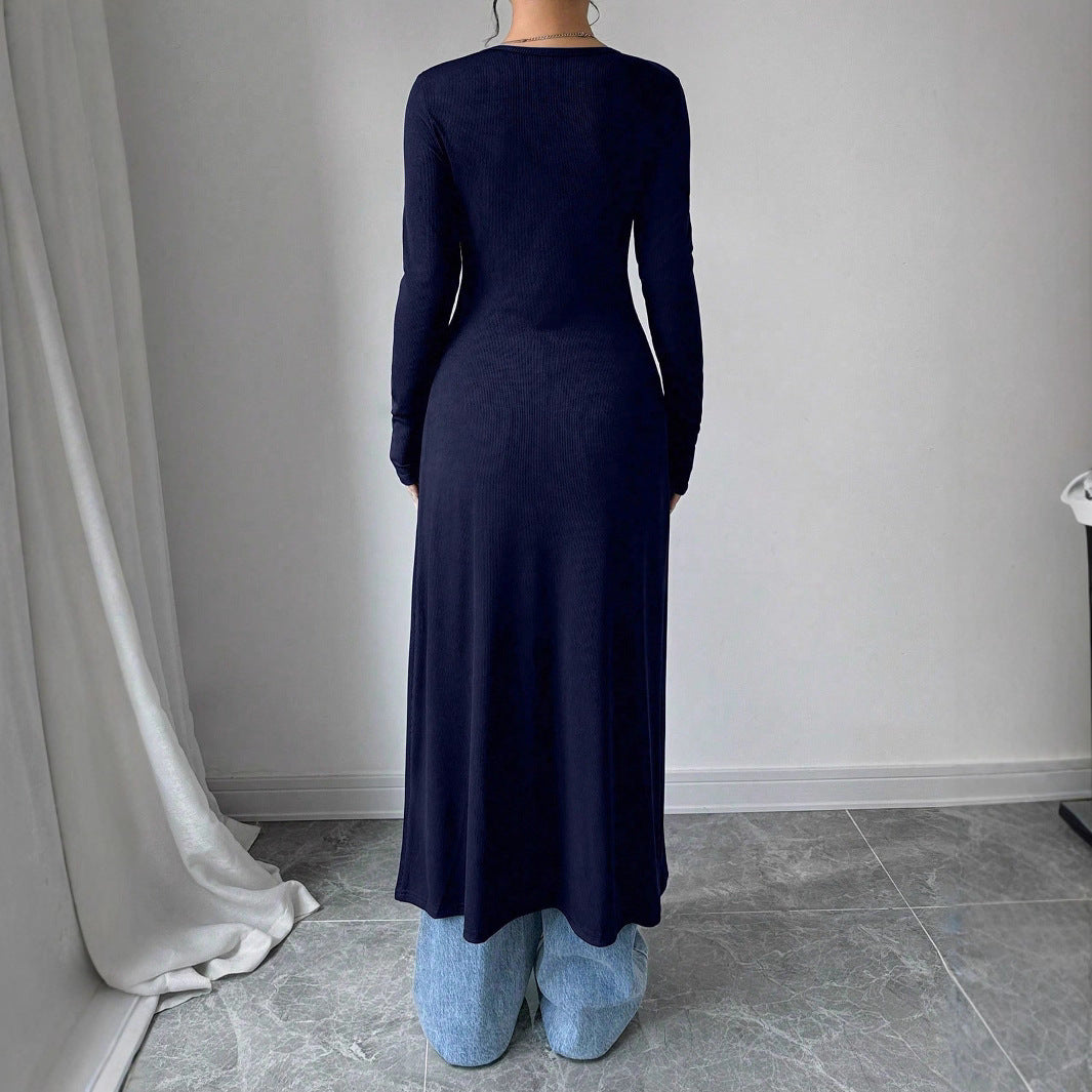 European And American Solid Color Long Button Cardigan Slim Fit Slimming Top Women