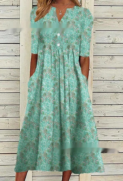 Women's Printed Floral V-neck Olive Mid-sleeve Pocket Dress
