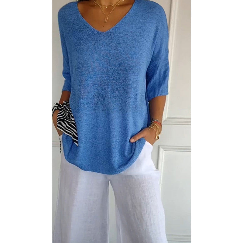 Knitwear Casual Sweater Slimming V-neckline 34 Sleeve Women's Bottoming Shirt