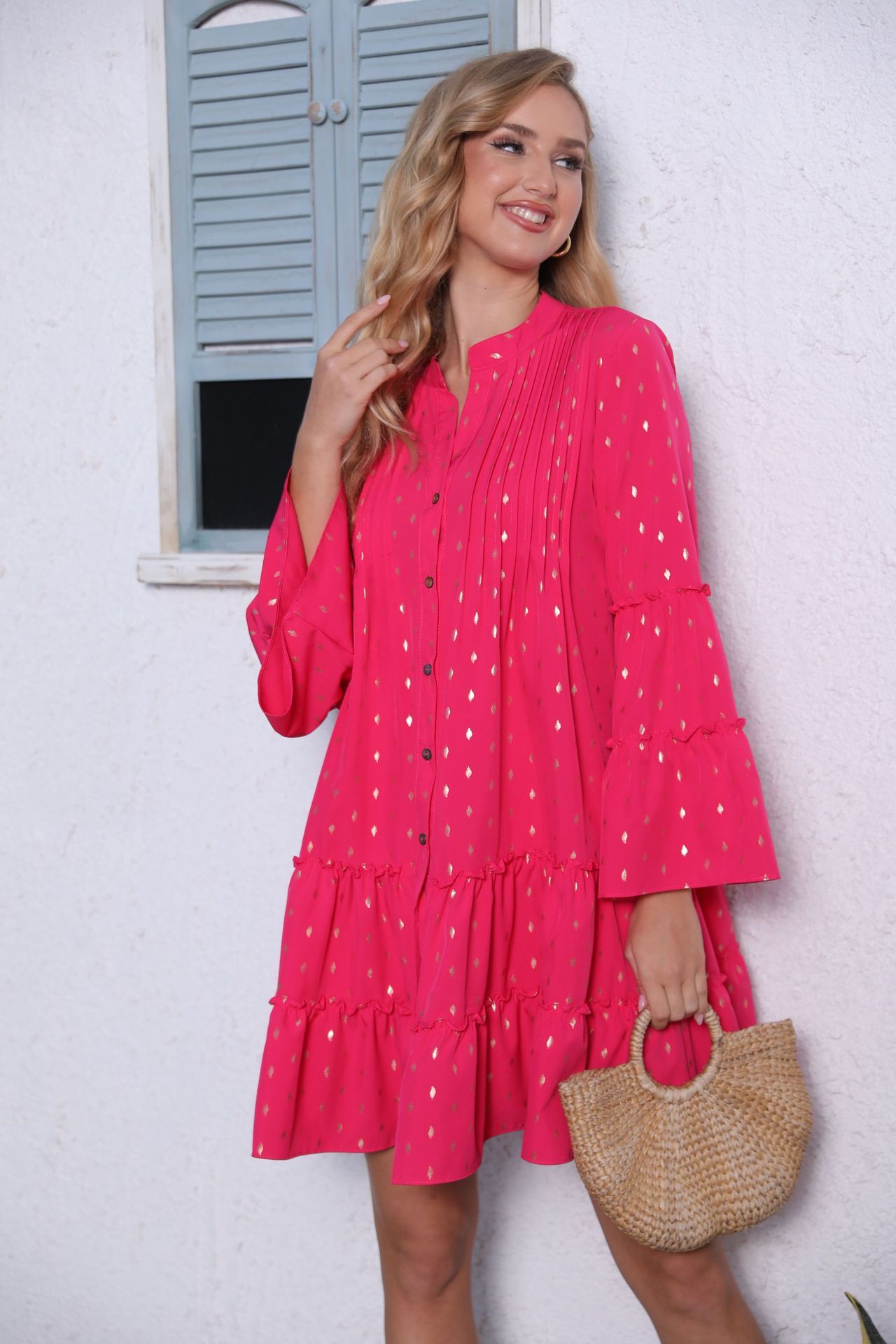 Printing Gilded Pleated Bell Sleeve Loose Dress
