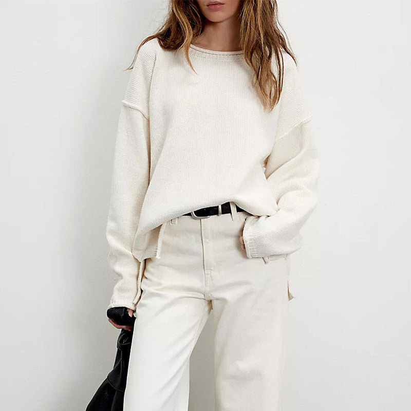 Solid Color Round Neck Loose Versatile Basic Pullover Sweater