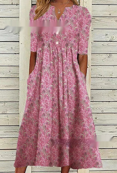 Women's Printed Floral V-neck Olive Mid-sleeve Pocket Dress