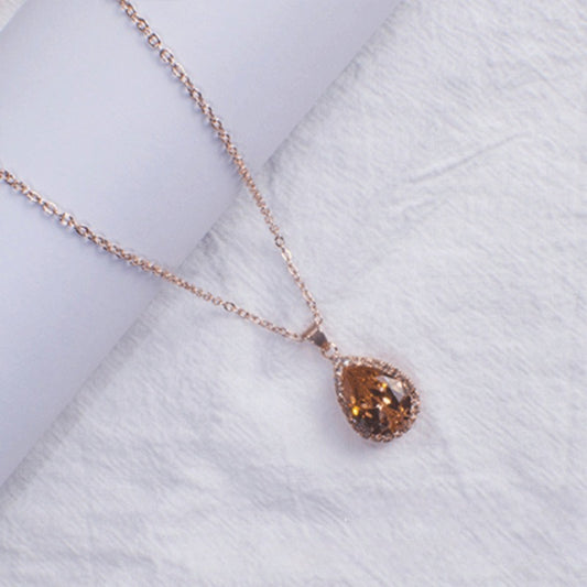Water Drop Rose Gold Rhinestone Elegant Pink Color Necklace