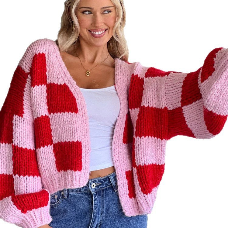Loose Plaid Contrast Color Thick Needle Cardigan Sweater Coat