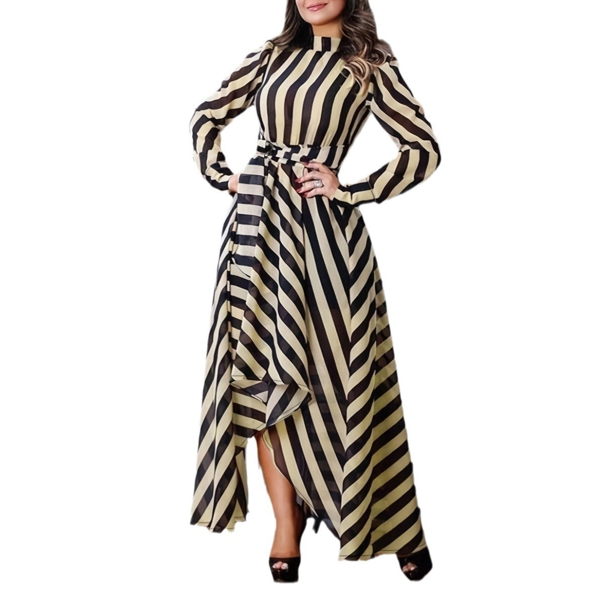 Elegant Long Sleeve Striped Long Large Hem Dress