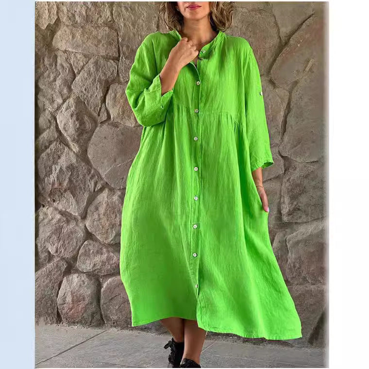 Women's Solid Color Loose Casual Long Sleeves Button Shirt Dress