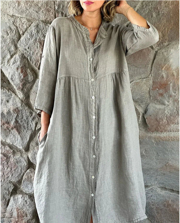 Women's Solid Color Loose Casual Long Sleeves Button Shirt Dress