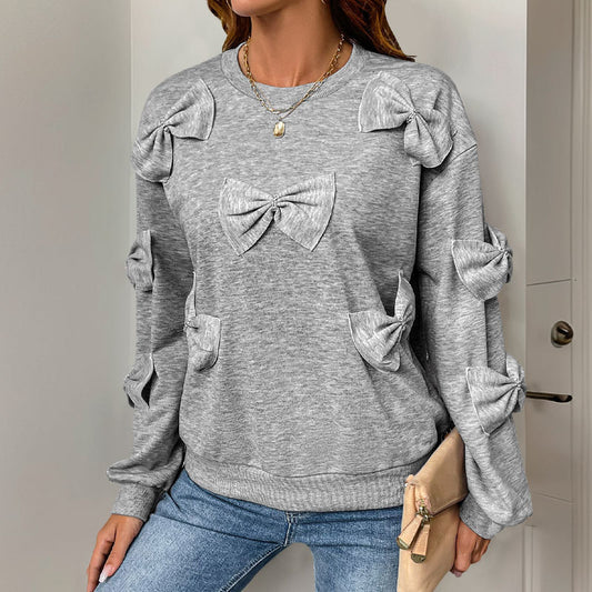 Casual Cool Bow Stitching Gray Women's Round-neck Sweater