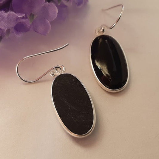European And American Style 925 Silver Oval Black Agate Pendant Women's Earrings