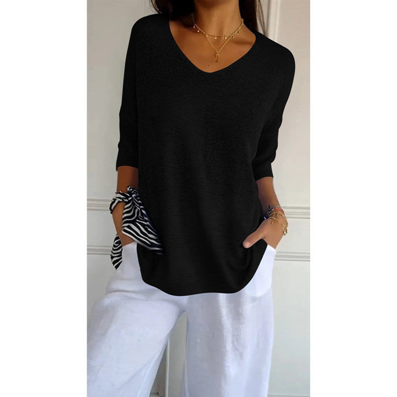 Knitwear Casual Sweater Slimming V-neckline 34 Sleeve Women's Bottoming Shirt