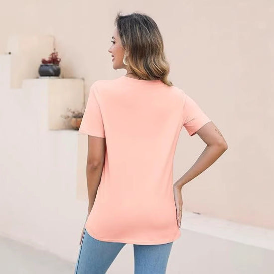 European And American Style Women Round Neck Loose Fashion Casual Short Sleeve