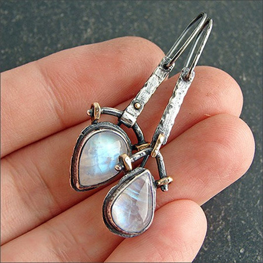 European And American Popular Asymmetric Artistic Retro Water Drop Moonstone Earrings