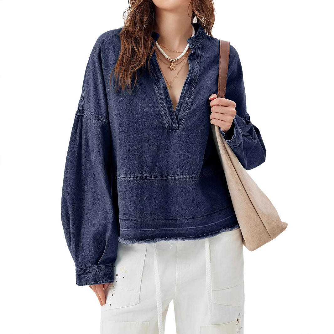 New V-neck Long Sleeve Loose Stitching Denim Long Sleeve Loose All-matching Top