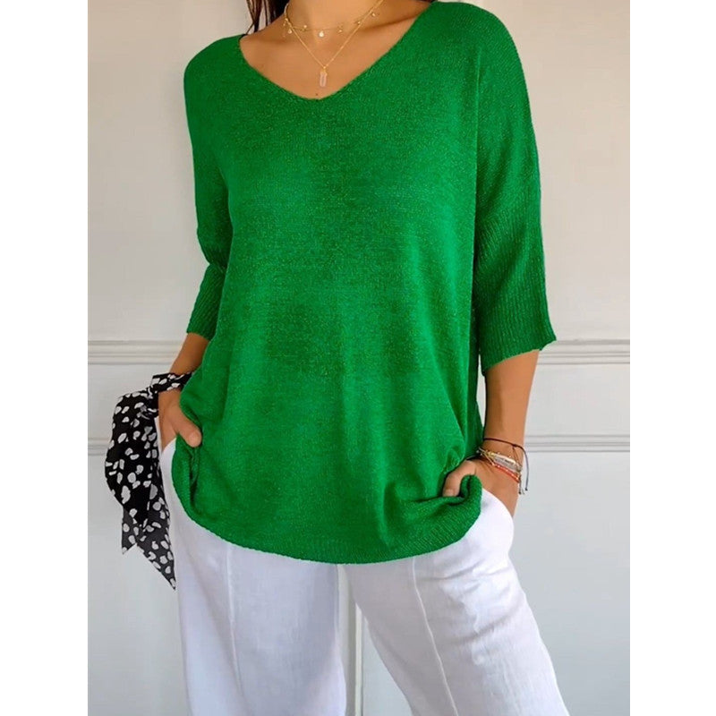 Knitwear Casual Sweater Slimming V-neckline 34 Sleeve Women's Bottoming Shirt
