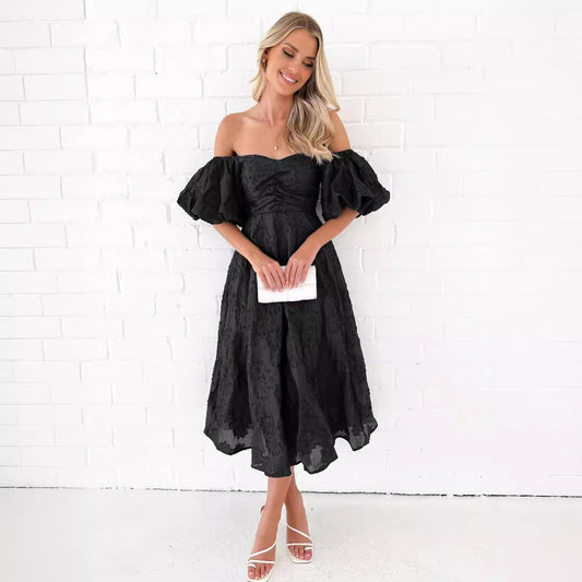 Spring And Summer Seaside Vacation Style Puff Sleeve Waist-tight Dress Women