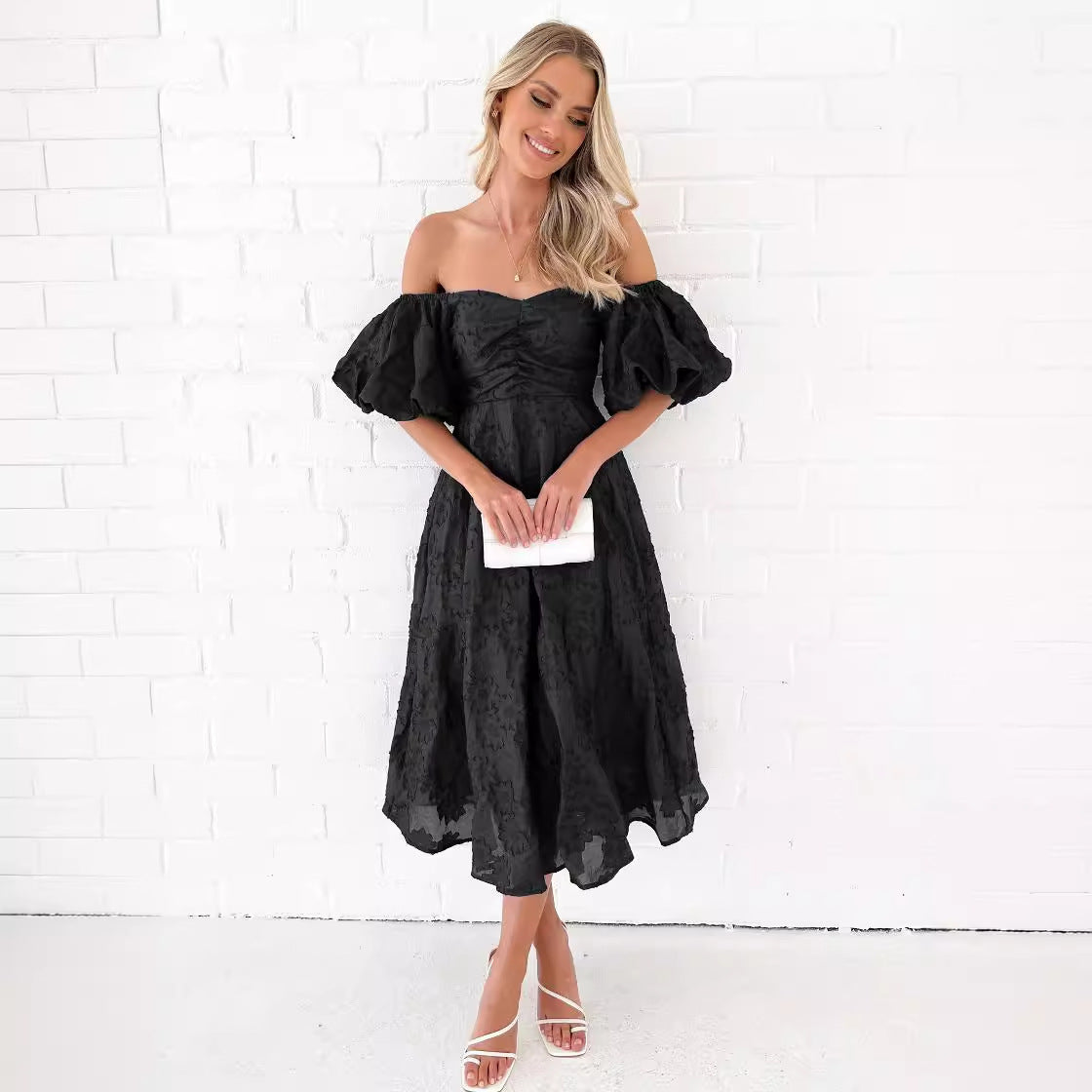 Spring And Summer Seaside Vacation Style Puff Sleeve Waist-tight Dress Women