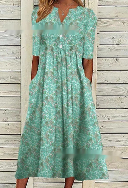Women's Printed Floral V-neck Olive Mid-sleeve Pocket Dress