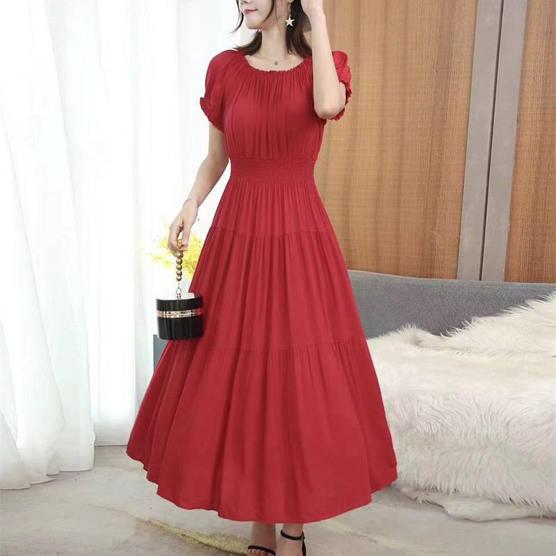 Solid Color Wide Hem Cotton Silk Vacation Style Long Bohemian Dress