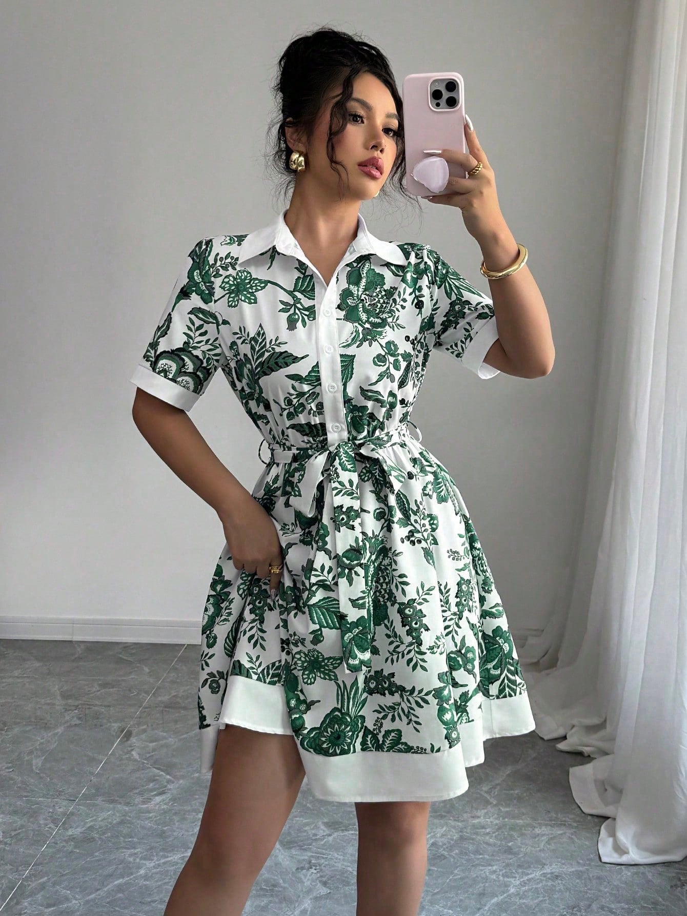 Simplicity Waist-controlled Printed Lace Up Short Sleeve Dress