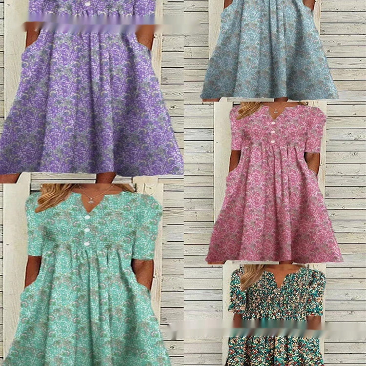 Women's Printed Floral V-neck Olive Mid-sleeve Pocket Dress