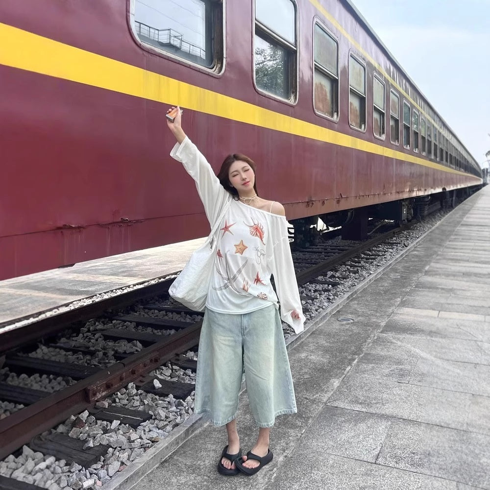 Starfish Printed Wide Collar Off-the-shoulder Sun Protection Long Sleeve T-shirt Women