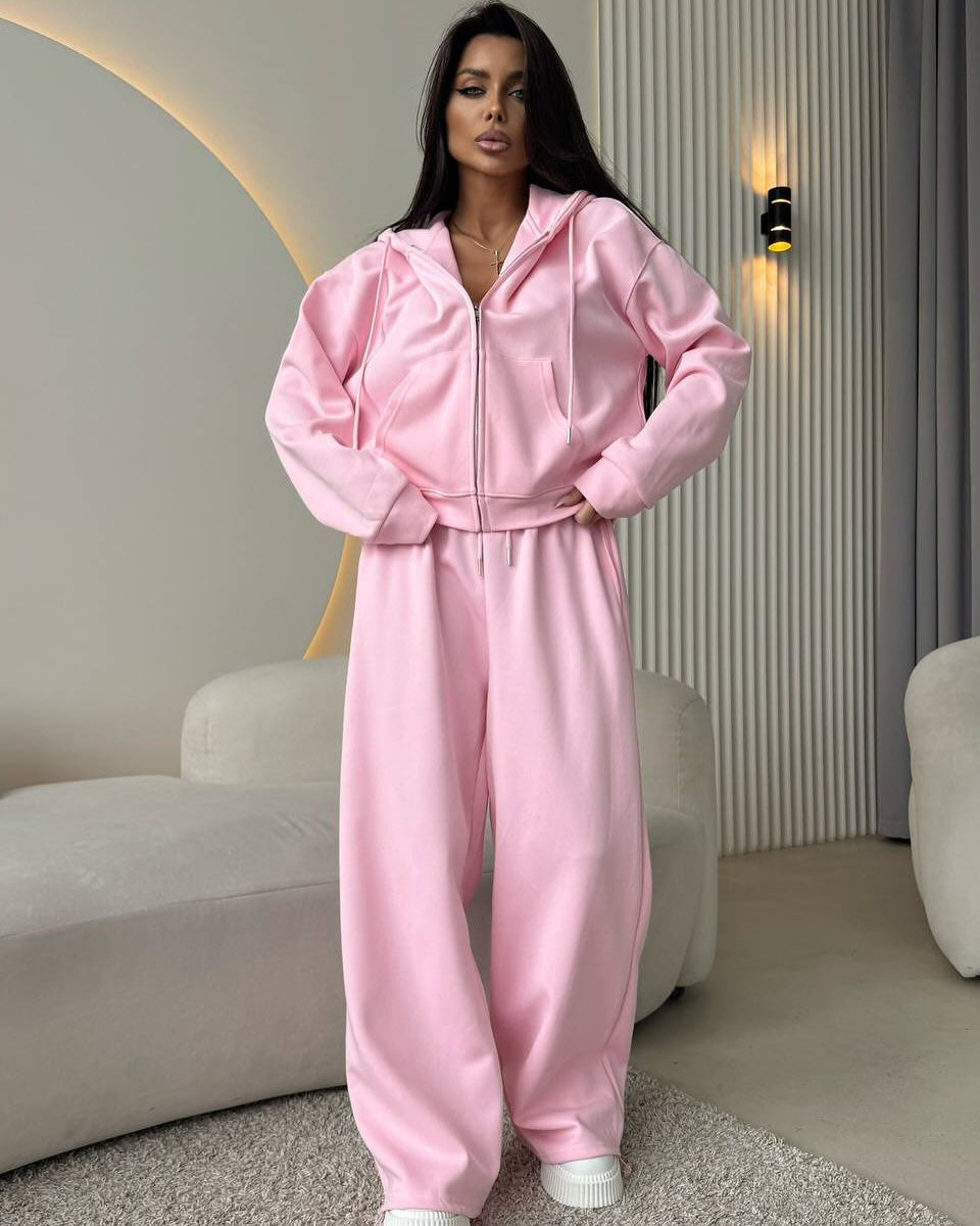 European And American Solid Color Long Sleeve Zipper Cardigan Hoodie Lace-up Trousers Two-piece Set