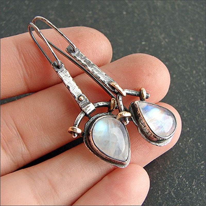 European And American Popular Asymmetric Artistic Retro Water Drop Moonstone Earrings