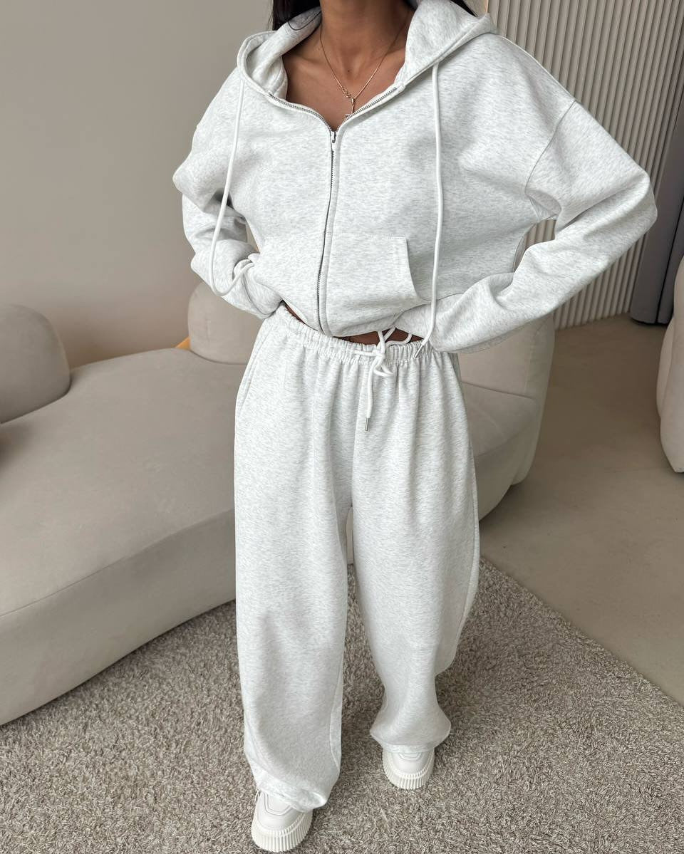 European And American Solid Color Long Sleeve Zipper Cardigan Hoodie Lace-up Trousers Two-piece Set