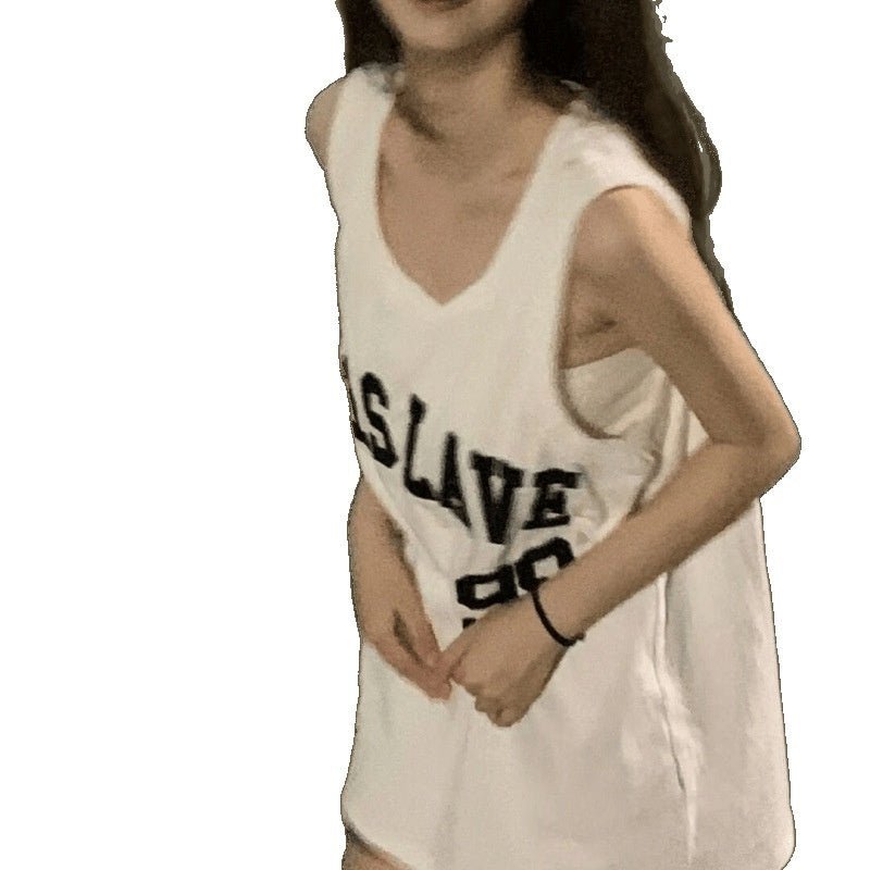 Long Vintage Letter Print Loose Sleeveless Sports Vest