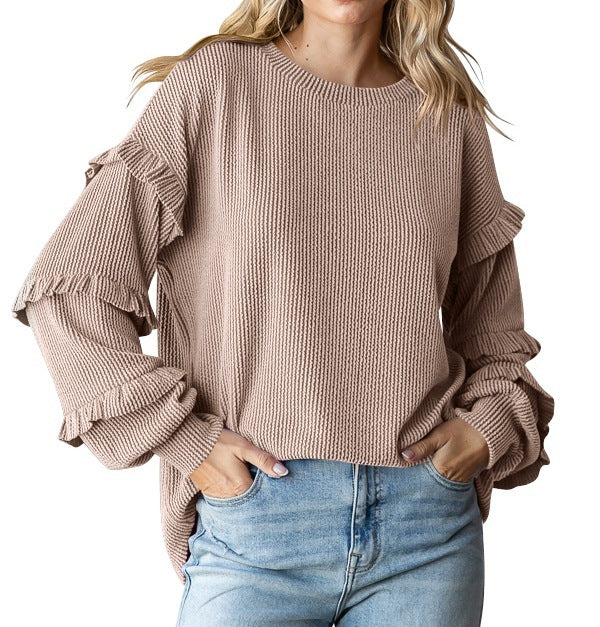 Women's Lantern Sleeve Round Neck Lace Sleeve Top