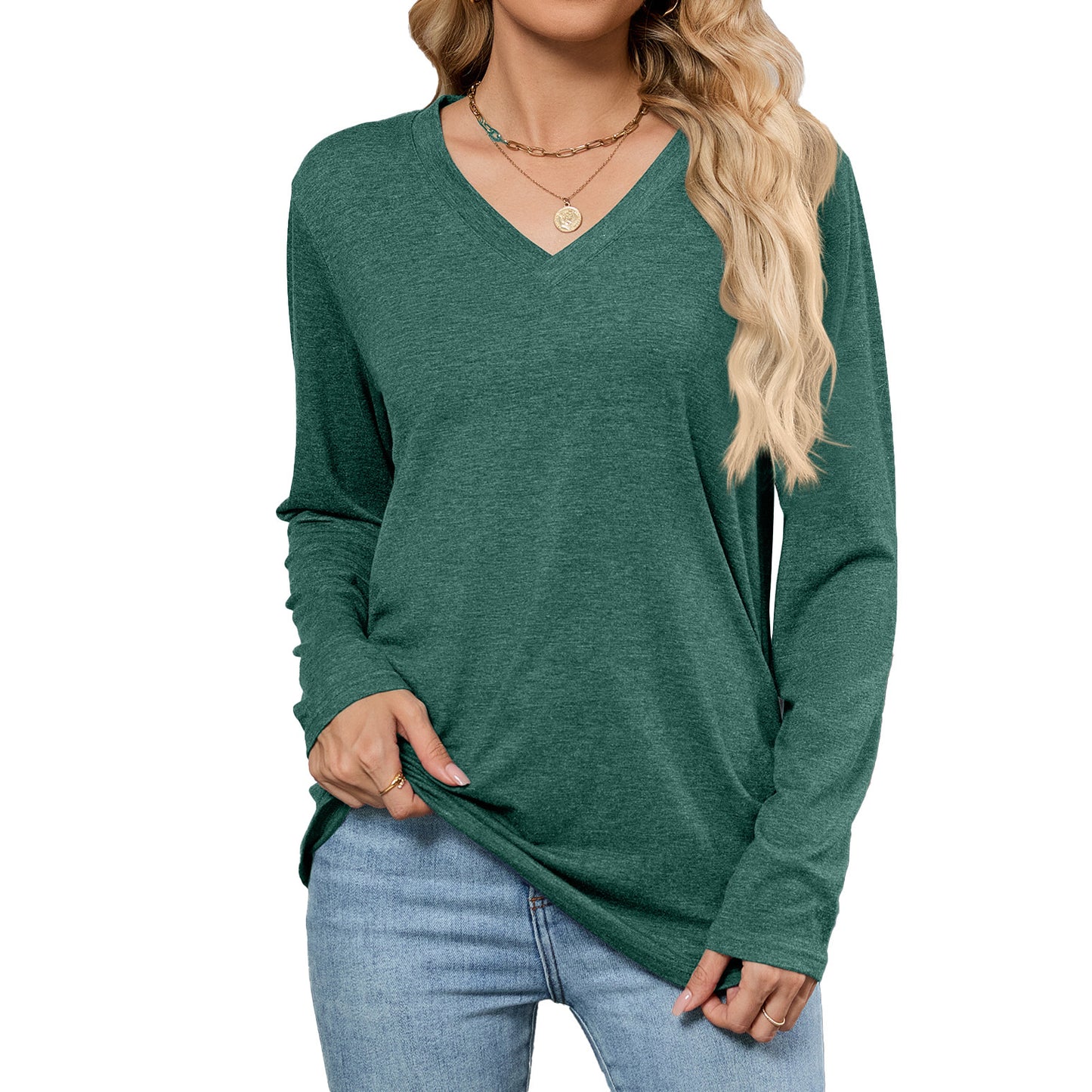 Leisure Pullover V-neck Solid Color Loose Long Sleeves