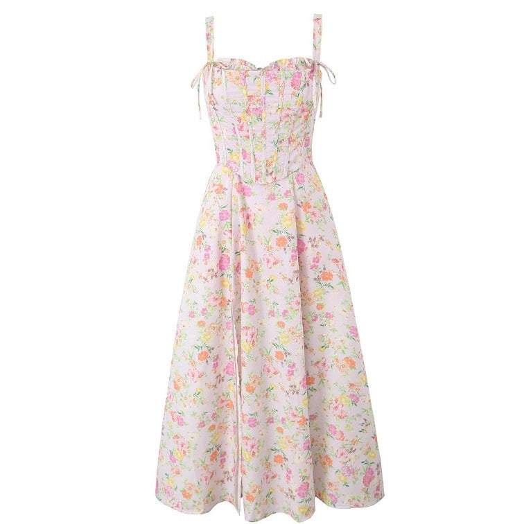 Floral Fishbone Tied Spaghetti-strap Top Tube Top Dress Suit