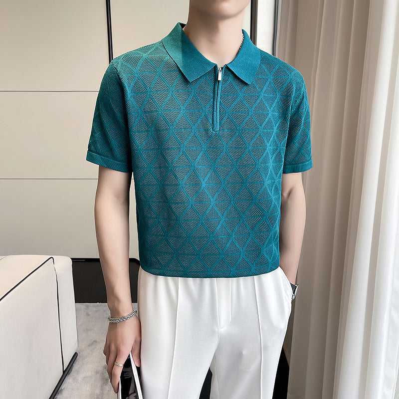 Slim-fit Lapel Rhombus Breathable Hollowed Leisure Top For Men