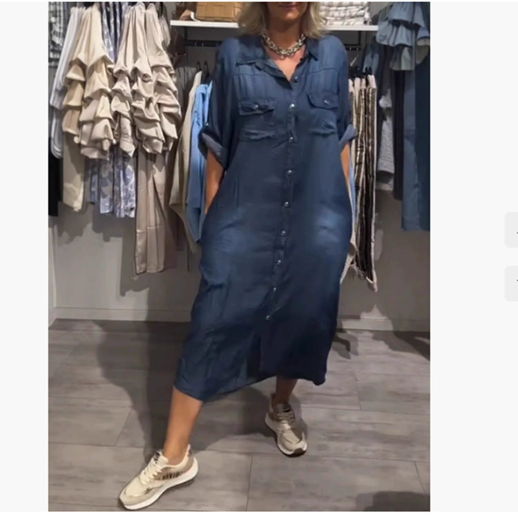 Summer Women's Fashion Casual Single-breasted Short Sleeve Dress