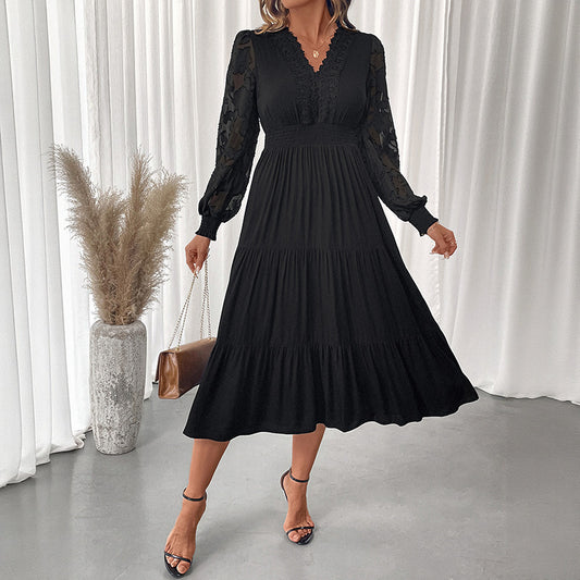 Sweet Elegant Style V-neck Tight Waist Lace Long Sleeve Solid Color Dress Women