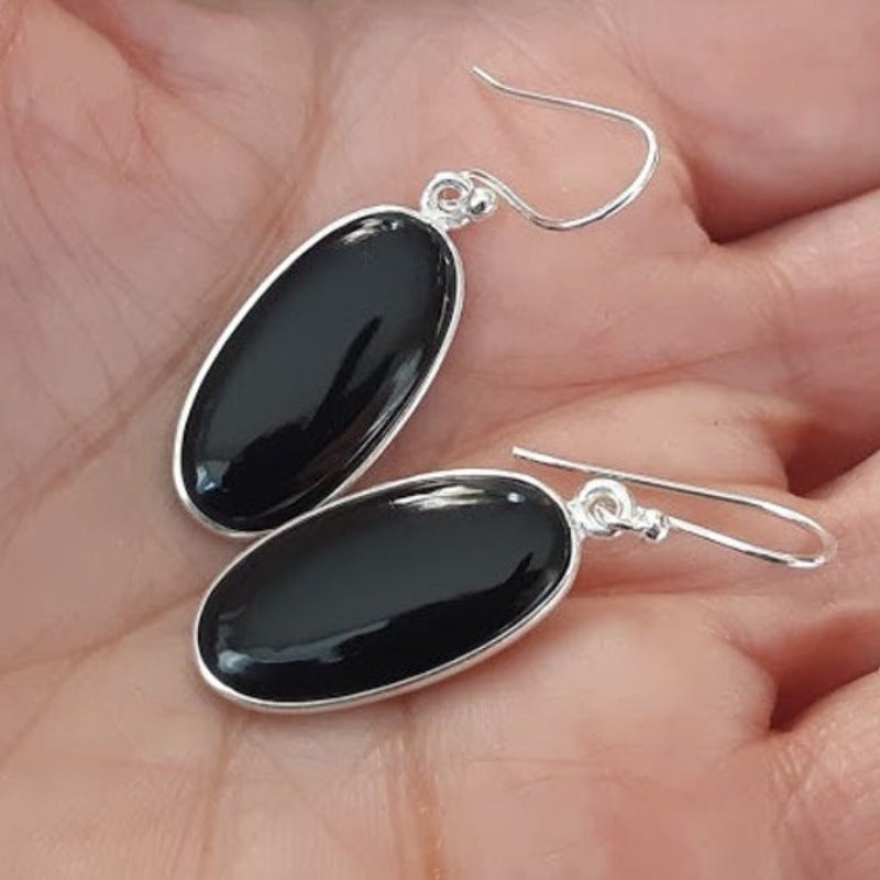 European And American Style 925 Silver Oval Black Agate Pendant Women's Earrings