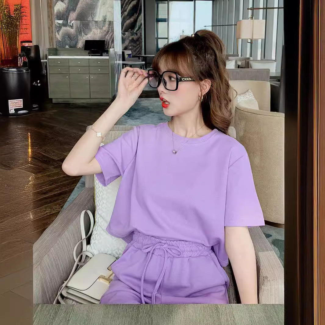 Korean Sweet Girl Sports Loose Slimming And Short T-shirt Ankle-length Pants Two-piece Set