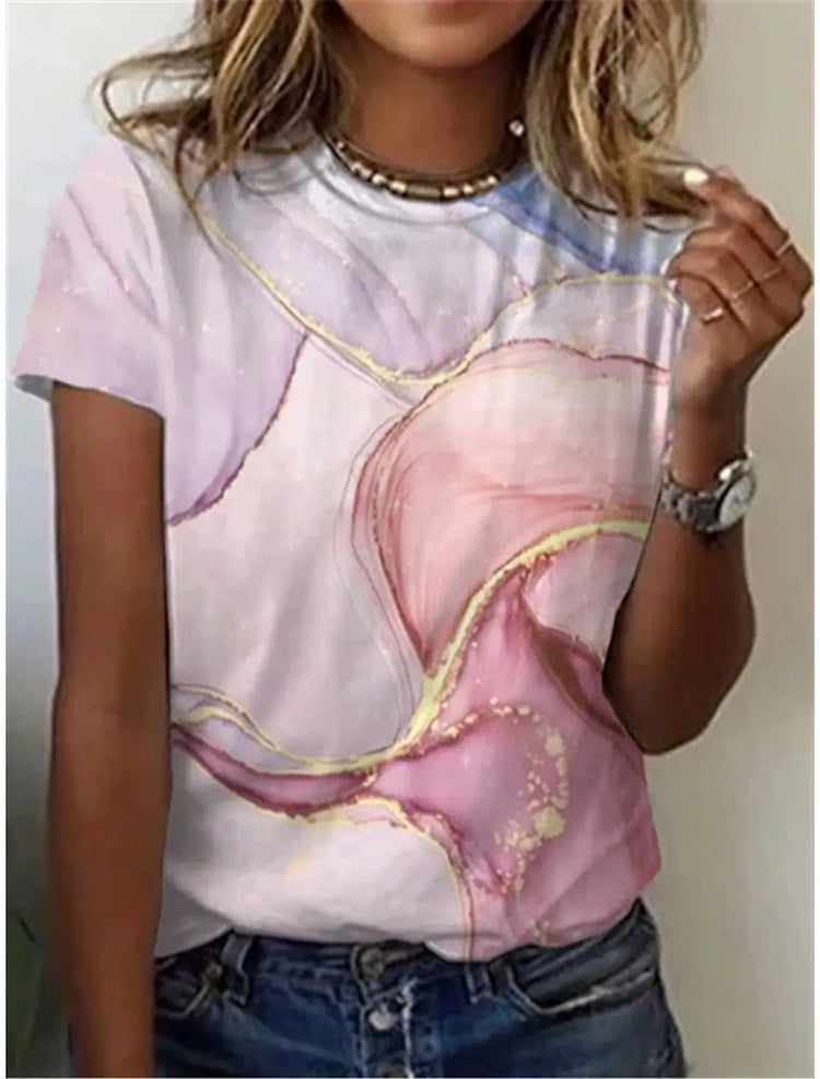 Geometric Retro Printed Round Neck Short Sleeve T-shirt Women's Top