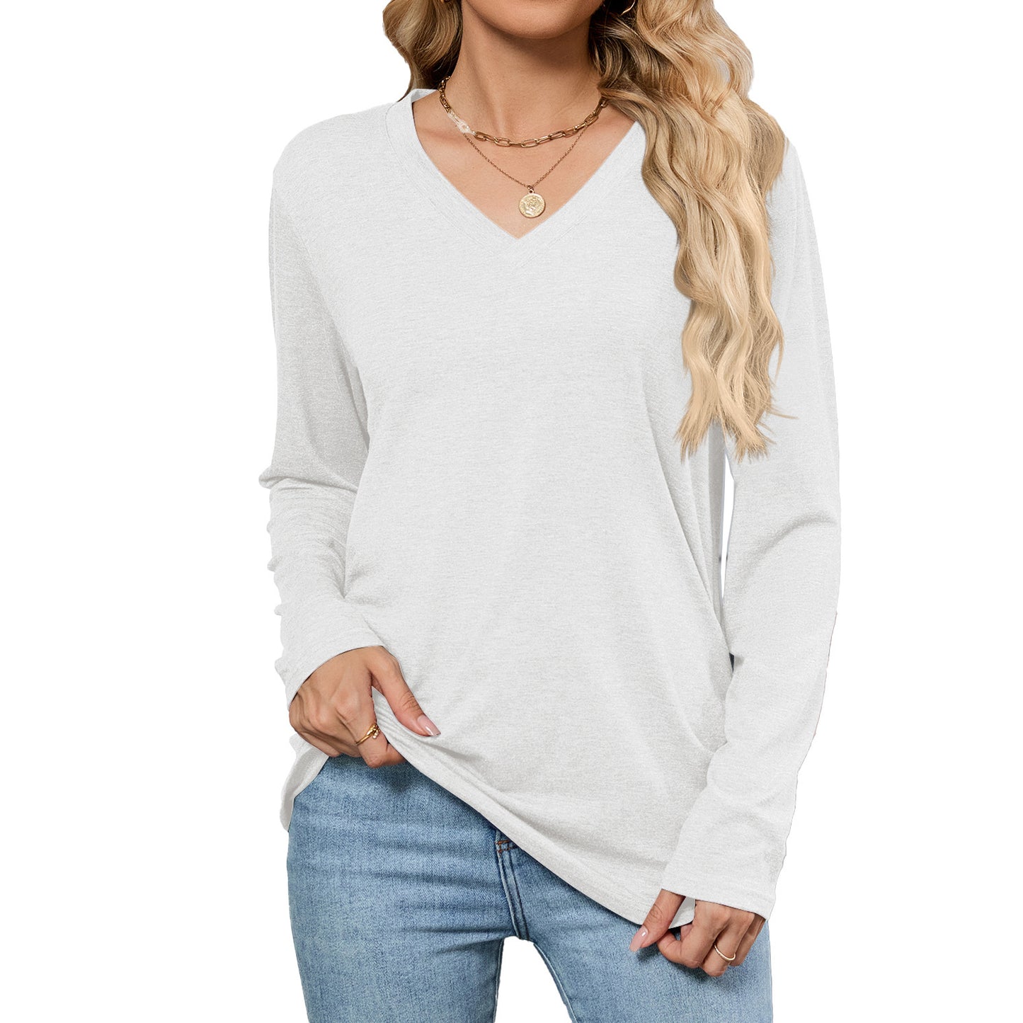 Leisure Pullover V-neck Solid Color Loose Long Sleeves