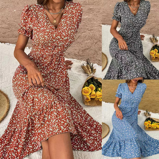 V-neck Floral Tight Waist Women's Full-length Dress